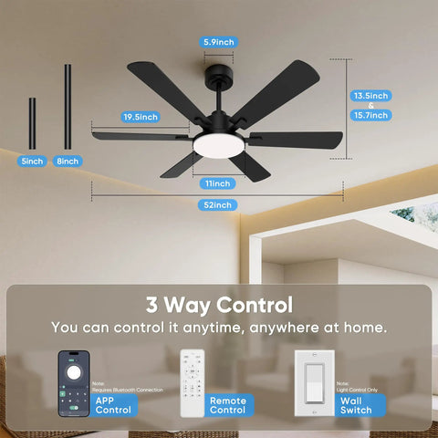 52 Inch Ceiling Fan With Lights Six Double Sided Blades Ultra Quiet Reversible DC Motor Remote And App Control