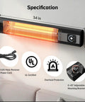 34 Inch 1500W Infrared Patio Heater With Motion Sensor IPX5 Waterproof 9 Heat Levels And 9H Timer Wall Mounted Indoor Outdoor Space Heater