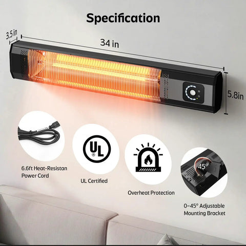 34 Inch 1500W Infrared Patio Heater With Motion Sensor IPX5 Waterproof 9 Heat Levels And 9H Timer Wall Mounted Indoor Outdoor Space Heater