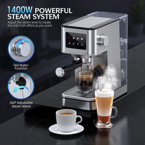 20 Bar Espresso Machine With Milk Frother For Home Coffee Bar Enthusiasts, Stainless Steel Build With One Touch Screen