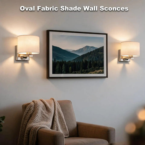 Edwarmlux Indoor Wall Sconces, Brushed Nickel, 1 Pack, E26 Bulbs Excluded, with oval fabric shade illuminating a cozy living room.