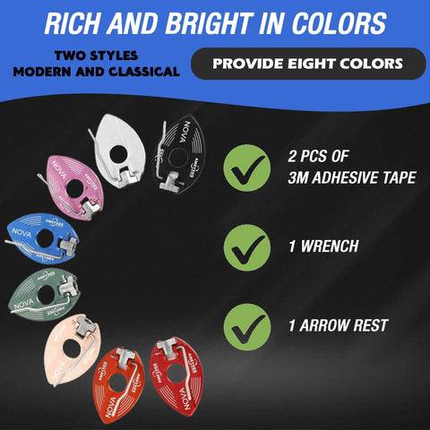 Pro Grade Magnetic Recurve Bow Arrow Rest And Plunger Set showing eight colorful arrow rests with accessory details.