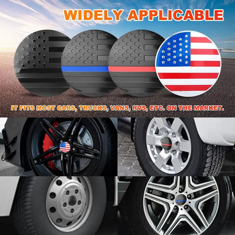 Collage of American Flag Wheel Center Caps 4 Pack For Cars 56mm Hub Caps Covers Waterproof And Rustproof Aluminum Rim Stickers Black Finish