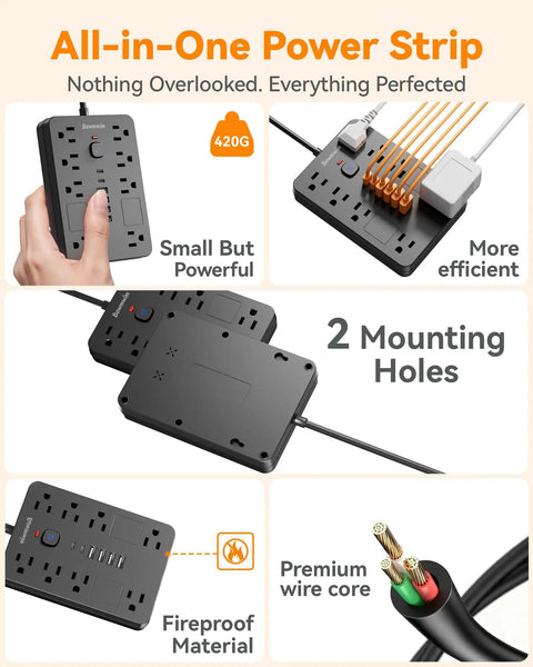 Beefed-Up Surge Protector Power Strip With Eight Outlets And Six USB Ports Including Two USB C Ports 1850W 15A 6FT Flat Plug Extension Cord ETL Listed For Home Office Dorm Room Black, black compact strip