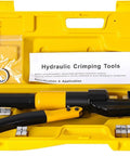 Heavy Duty Hydraulic Crimping Tool For Cable Lugs 4 To 70 Mm, 2-Stage Pressure, 5-6 Ton Crimpers Pliers With 360 Degree Rotating Jaw, A Real Workhorse For Copper Aluminum PEX PB Sleeves And Anti Leak Fittings. Yellow case with hydraulic crimping tool and dies