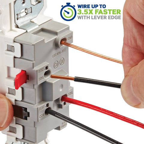 Lever Edge 15 Amp 3 Way Rocker Switch White With Fast Wire In Push In Terminals Color Coded Lever Connections Works With 12 And 14 AWG Copper Wire Easy Secure Connection For Home Electrical Wiring, close-up wiring view