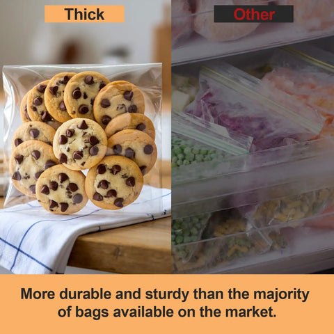 Clear Self Sealing Cellophane Bags 5x7 Inches showcasing durability by storing cookies, compared to other stored foods.