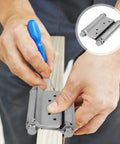 Installation of Heavy Duty Stainless Steel Spring Hinges For Doors And Fences, close-up with hands and blue screwdriver.