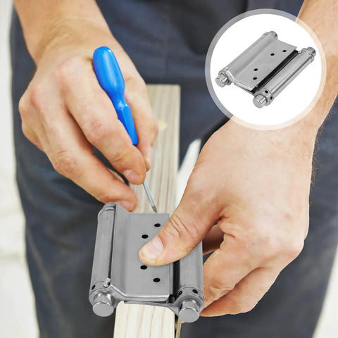 Installation of Heavy Duty Stainless Steel Spring Hinges For Doors And Fences, close-up with hands and blue screwdriver.