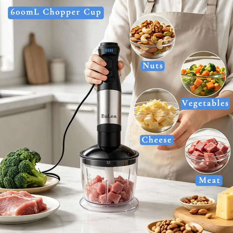 Heavy-Duty 8-In-1 Immersion Blender, 1200W Beast Mode Motor With 5 Speeds, All-Out Hand Blender Kit For Soups, Smoothies, Meat And Ice, Ultimate Kitchen Workhorse For Swift And Seamless Prepping with 600mL chopper cup and various ingredients