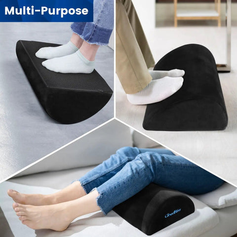 Under Desk Foot Rest With Soft Foam And Washable Removable Cover For Home Office And Car Use, Ergonomic Foot Stool shown in various uses
