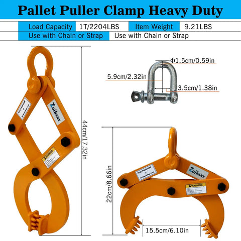 Heavy Duty Pallet Puller 1 Ton Capacity With 6 Inch Jaw Opening Rugged Pallet Clamp For Lifting Stump And Shrub Pulling Industrial Grade Steel Easy Grip Trusted Performance, orange steel clamp with shackle, 6.1 in jaw opening