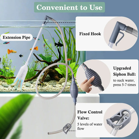 3-in-1 Aquarium Vacuum Gravel Cleaner With Adjustable Siphon For Easy Waste Removal Water Change And Sand Washing In One Kit Includes Hand Siphon Hose And Extension Tube For Low Water Level Maintenance, aquarium siphon with extension pipe and flow valve