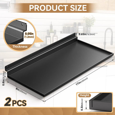 2 Pack Slatwall Shelves 17 By 8 Inch Large Heavy Duty Black Metal Wall Shelves with anti-drop edge shown with dimensions