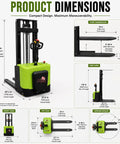 Product dimensions illustration of Heavy-Duty Electric Stand-On Pallet Stacker With Two-Stage Mast And 1.5-Ton Capacity.