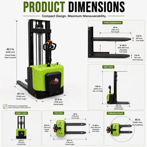 Product dimensions illustration of Heavy-Duty Electric Stand-On Pallet Stacker With Two-Stage Mast And 1.5-Ton Capacity.