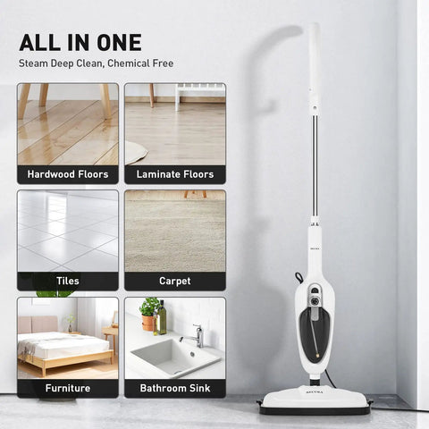 Heavy Hitting 10 In 1 Steam Mop With Detachable Handheld Unit on display for cleaning hardwood, laminate, tile, carpet, and surfaces.