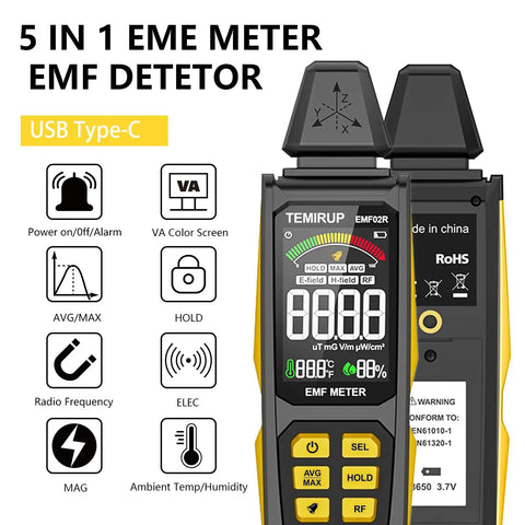 5 In 1 EMF Meter Detector For Home Use And Ghost Hunting, Detects Radio Frequency, Electric And Magnetic Fields, Temperature And Humidity Readouts, Rechargeable EMF Reader, Handy Field Strength Meter For Quick Radiation Checks, front view