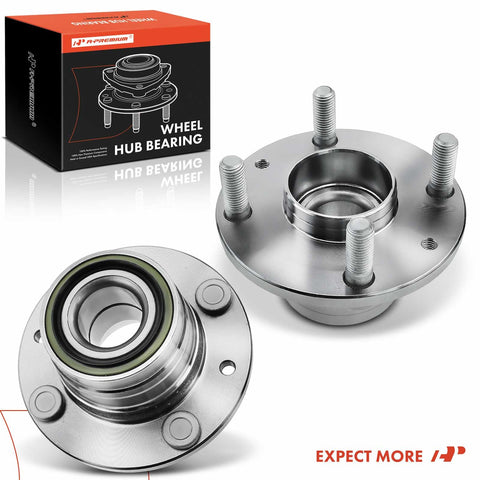 Two Pack Rear Wheel Bearing And Hub Assembly For 4 Lug Vehicles Compatible With Ford Escort Mercury Tracer Mazda Protege MX3 And 323 Models From 1989 To 2003, showing front and side view with packaging