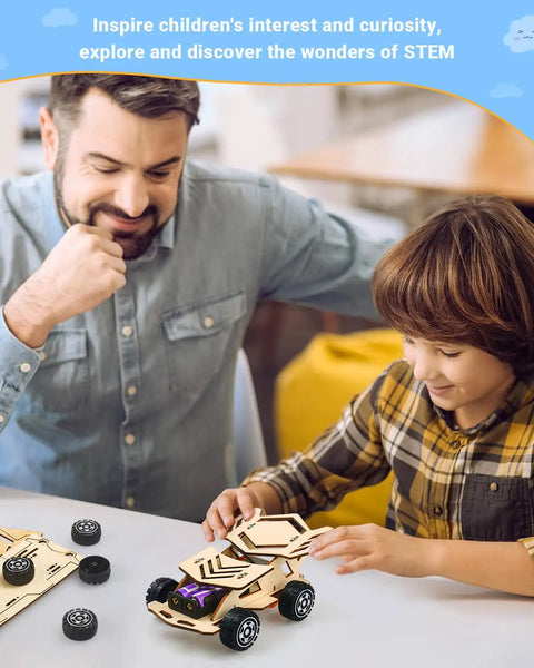 Child assembling wooden car from Five In One STEM Car Kit Set For Kids Ages 8 To 12 Wooden 3D Puzzle Model Cars Hands On Science Toys