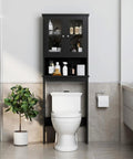 Over The Toilet Storage Cabinet For Bathroom, Black Space Saver With Two Tempered Glass Doors, Wood Construction CARB P2 Compliant