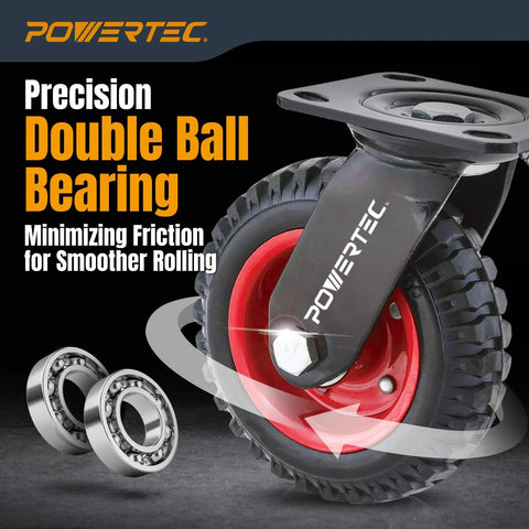 6 Inch Heavy Duty Swivel Caster Wheels With Knobby Rubber Tread On Red Steel Hub For Workbenches Dollies Carts Trolleys Wagons Toolboxes And Chicken Coops Large Rubber Castor Wheel 1 Pack Engineered For Durable Indoor Outdoor Use And Smooth 360 Degree, close-up showing wheel with double ball bearing