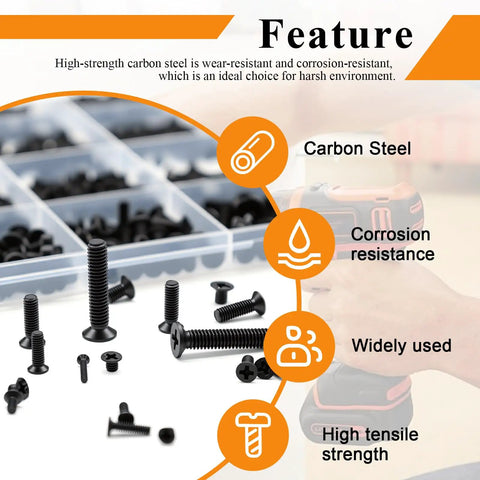 Killer 888 Piece Tiny Micro Laptop Screw Kit Featuring Countersunk Flat Head Phillips Mini Repair Screws Set In Black Carbon Steel arranged in labeled tray.