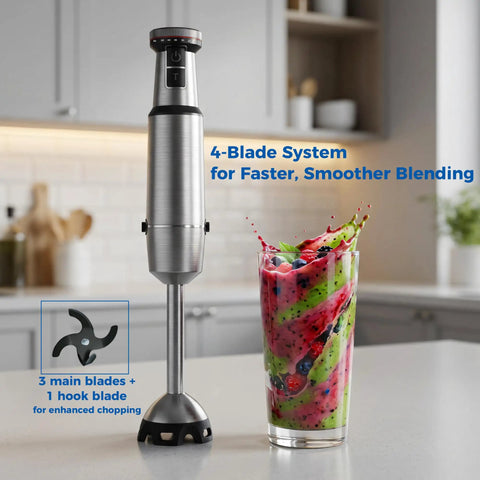 Workhorse Immersion Blender With 1200W Motor Four Blade Stainless Steel Mixing Wand next to a smoothie in a glass.