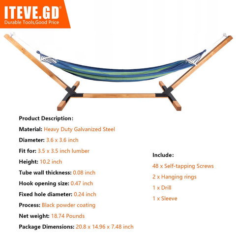 Heavy Duty Hammock Stand Kit With DIY Brackets For 4x4 Lumber, 14GA Steel, 500 Lbs Capacity, Powder Coated Finish, 1 Pair, Wood Posts Not Included, Outdoor Ready And Weatherproof For Your Yard