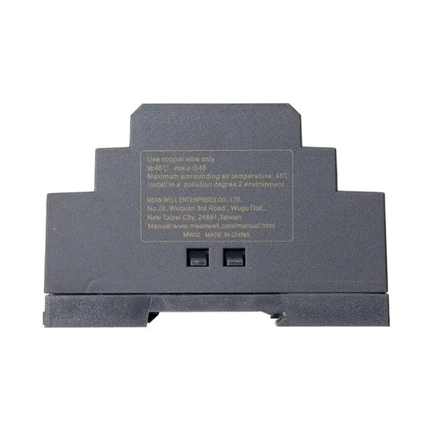 Back view of Straight Up Heavy Duty 60 Watt 48 Volt Din Rail Switching Power Supply with adjustable settings and mounting details.