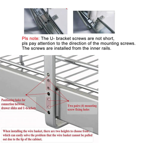 Top Notch Heavy Duty Pull Out Cabinet Organizer one tier chrome wire drawer shelf installation guide with screws and mounting holes.