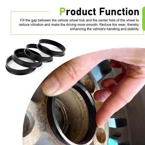 Heavy Duty 4 Pack Hub Centric Rings 73.1mm Outer 60.1mm Inner Bore Slick Black Plastic Adapters in use on a vehicle axle hub.