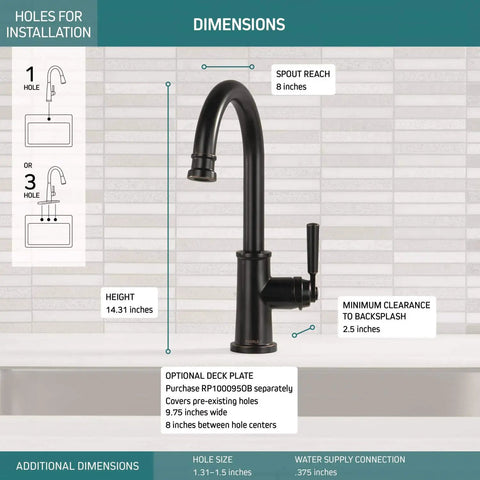 Diagram of Westchester Single-Handle Kitchen Faucet in Oil Rubbed Bronze Finish with dimensions and installation options