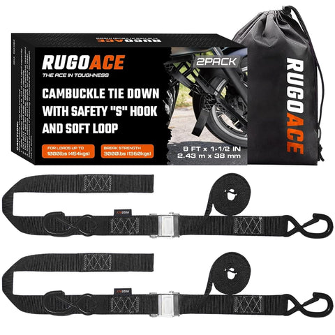 2 Pack 1.5 Inch By 8 Ft Beefy 3000 Lb Motorcycle Tie Down Straps Heavy Duty Cam Buckle With S Hooks Soft Loops in packaging