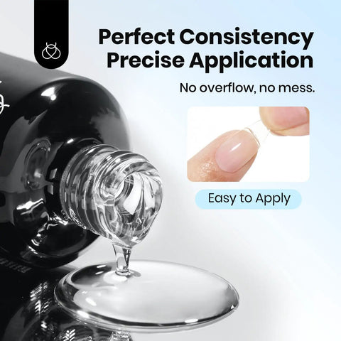 9 In 1 HEMA Free TPO Free Nail Glue Gel For Acrylic Tips And Clear Press On Nails Ultra Strong UV Nail Glue For Extensions DIY Long Lasting Nail Gel Kit pouring from bottle, close-up.