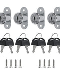 Rock Solid Zinc Alloy Push Plunger Cabinet Lock Set Keyed Alike Four Pack with keys and screws, smooth chrome finish, heavy duty.