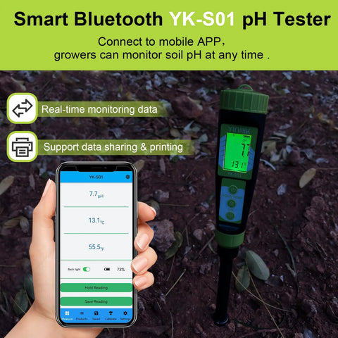 Digital Soil pH Meter for Gardeners, Fast Direct pH Tester for Plants with Bluetooth, displaying real-time data on smartphone app.