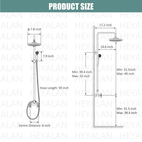 Exposed Pipe Shower System With 8 Inch Rainfall Head, Brass Fixture, Matte Black Finish, dimensions and measurements diagram.