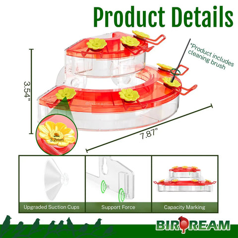 Two Pack Window Hummingbird Feeders With Strong Suction Cups, Red Color, 7 Feeding Ports, Lightweight Plastic, Product Specs