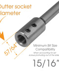 Forstner Bit Extension Delivers Rock Solid Extra Reach For Knocking Out Deep Flat Bottom Holes, showing outer socket diameter 57/64" for compatibility.