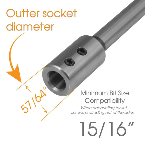 Forstner Bit Extension Delivers Rock Solid Extra Reach For Knocking Out Deep Flat Bottom Holes, showing outer socket diameter 57/64" for compatibility.