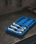 Shop Ready Fuel Line Socket Wrench Set With Rugged Storage Case For Weekend Warriors And Pro Mechanics Precision Injector Jet Tools built slick from premium alloy steel in blue box.