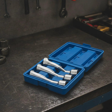 Grease Monkey Approved 1/2 Inch Drive Socket Wrench Set With Angled Shaft And Slotted Head for quick engine swap in blue storage case.