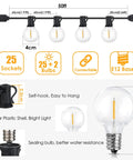 Diagram showing 50 Ft LED Outdoor String Lights G40 Globe Dimmable Patio Lights with 27 warm white shatterproof bulbs.