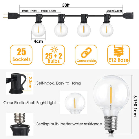 Diagram showing 50 Ft LED Outdoor String Lights G40 Globe Dimmable Patio Lights with 27 warm white shatterproof bulbs.