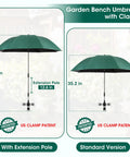 Garden bench umbrella with clamp, featuring adjustable extension pole from 35.2 to 51 inches, 42-inch green umbrella shown.