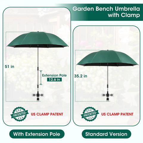 Garden bench umbrella with clamp, featuring adjustable extension pole from 35.2 to 51 inches, 42-inch green umbrella shown.