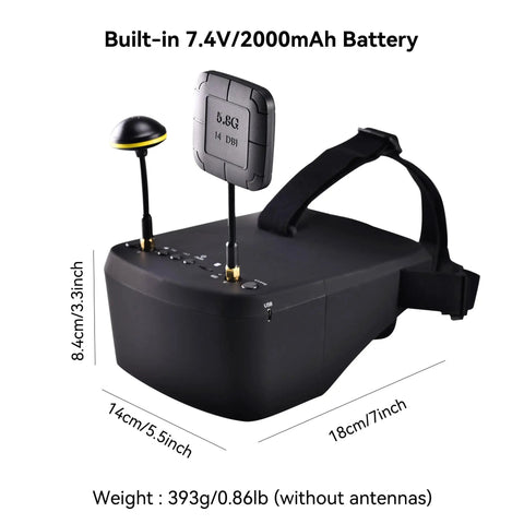 All In One FPV Goggles With DVR And Real Time Video, 5.8G 40CH, 5 inch screen, dual antennas, built-in battery visible
