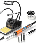 100W High Power Soldering Iron Kit With LCD Display, magnifying glass, tweezers, solder wire, helping hands, and auto sleep mode.