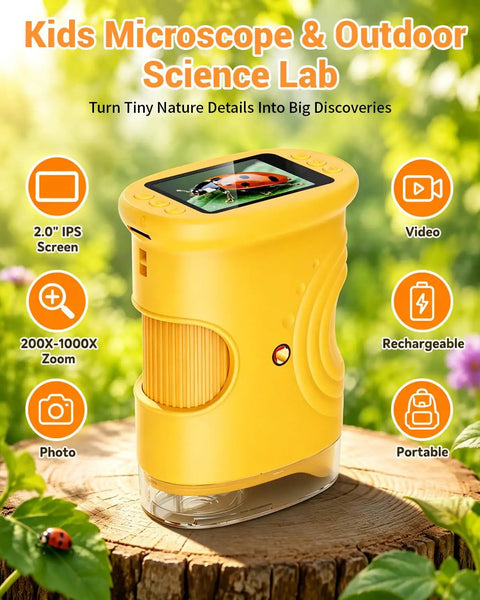 Kid-Friendly Handheld Microscope With 2.0 Inch IPS Screen, 1000X Magnification, Rechargeable Portable STEM Lab Toy for Boys and Girls Ages 4-12, Outdoor Science Gift, Educational Pocket Microscope, Orange on tree stump